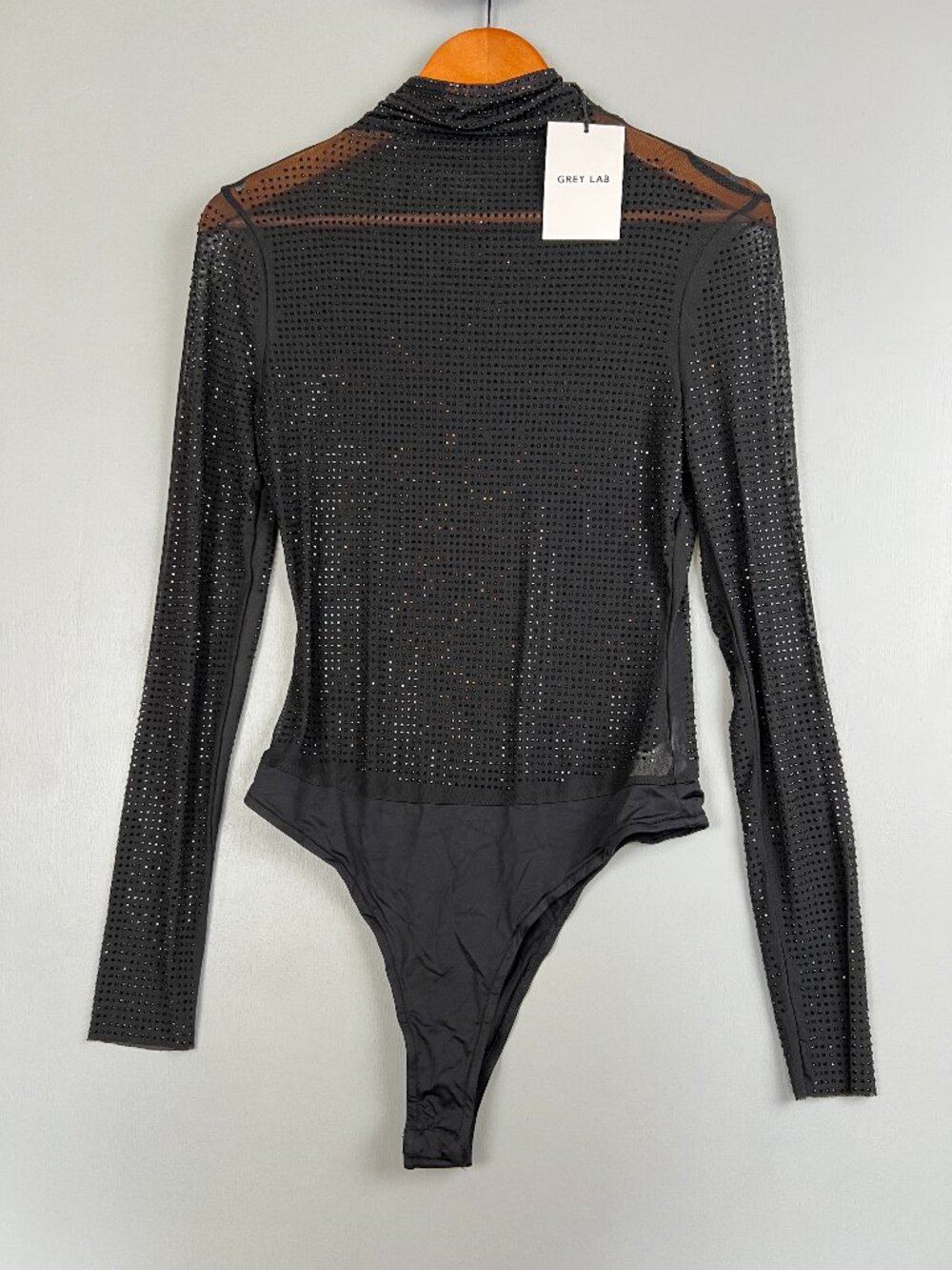 Grey Lab Rhinestone Mesh Bodysuit NWT Small Sparkly Sheer Turtleneck Top